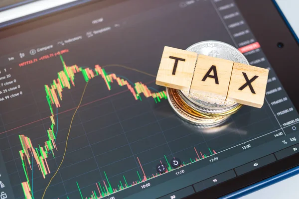 Cryptocurrencies Tax Word Stock Chart Candlestick Tablets Background Digital Money — Stock Photo, Image