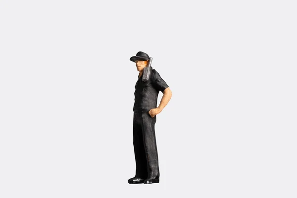 Miniature People Security Guard Radio Standing White Clipping Path — Stock Photo, Image