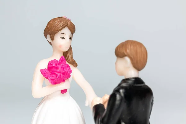 Miniature People Bride Groom Wedding Grey Background Happy Valentines Day — Photo