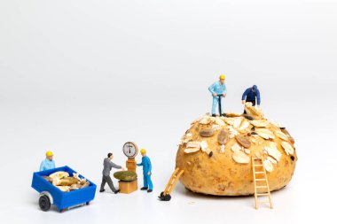 Minyatür işçi takımı beyaz arka planda tam tahıllı ekmek üzerinde çalışıyor.