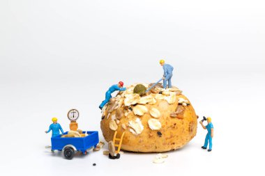 Minyatür işçi takımı beyaz arka planda tam tahıllı ekmek üzerinde çalışıyor.