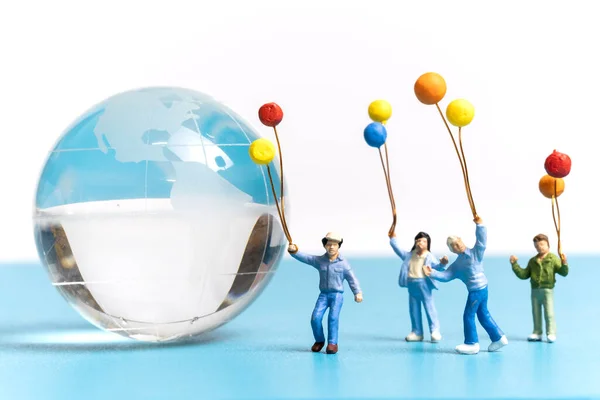 Miniature People Kid Holding Balloon Crystal Globe World Environment Day — Stock Photo, Image