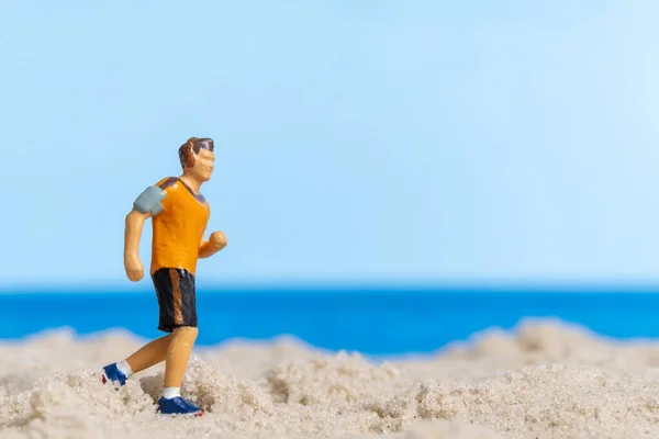 Miniature People Running Beach Space Text — Photo