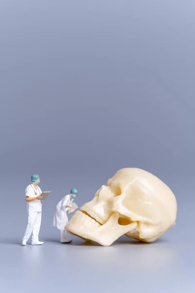 Μινιατούρες Γιατρός Ένα Γιγαντιαίο Ανθρώπινο Κρανίο Γκρι Φόντο Επιστήμη Και — Φωτογραφία Αρχείου