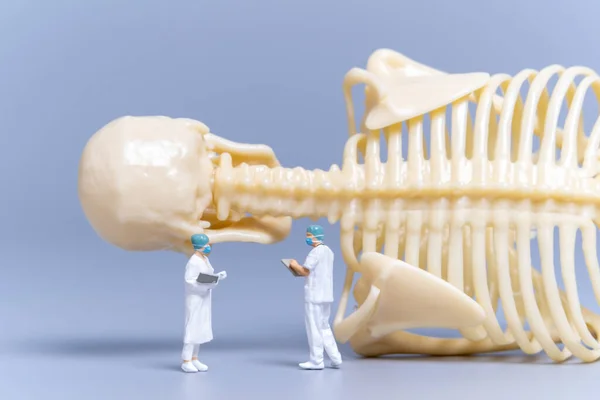 Miniatyr Människor Läkare Med Gigantisk Mänsklig Ben Grå Bakgrund Vetenskap — Stockfoto