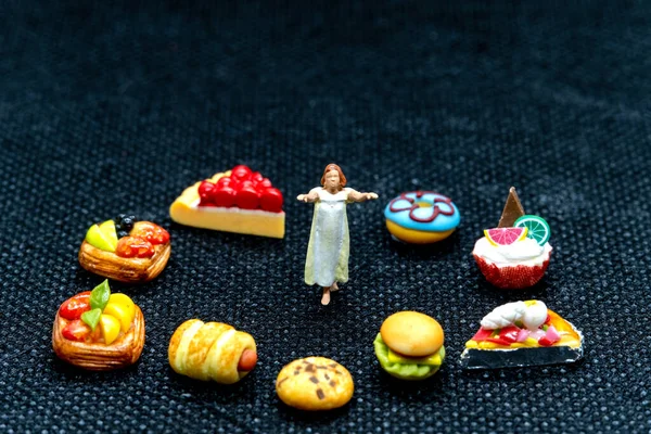 Miniature People Female Sleepwalker Pajama Dream Snack Night Unhealthy Concept — Stock Photo, Image
