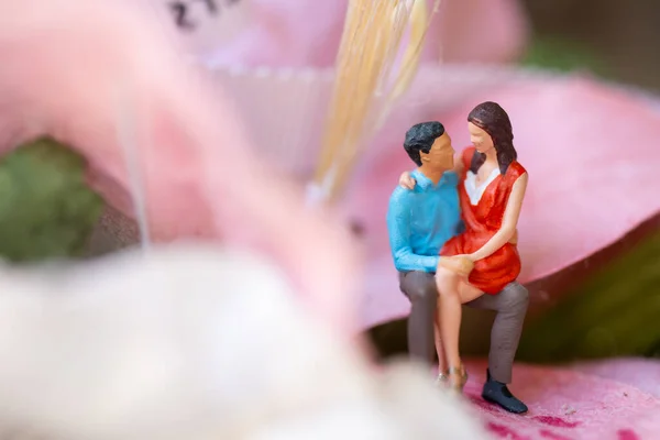 Miniature People Young Girl Sitting Her Boy Lap Affectionate Couple — ストック写真