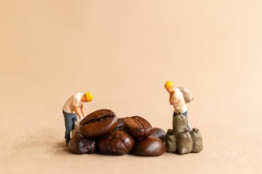 Miniature people worker team working with coffee beans