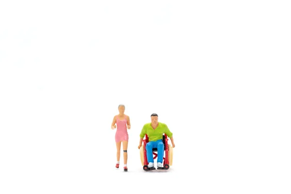 Miniature People Cheerful Woman Young Disabled Man Wheelchair Running White — Stock Photo, Image