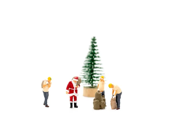 Miniature People Worker Santa Claus Carrying Bag White Background — Stock Photo, Image