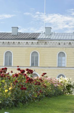 Ön bahçesinde bir sürü renkli gül olan büyük bir ev, büyük güzel bir ev.