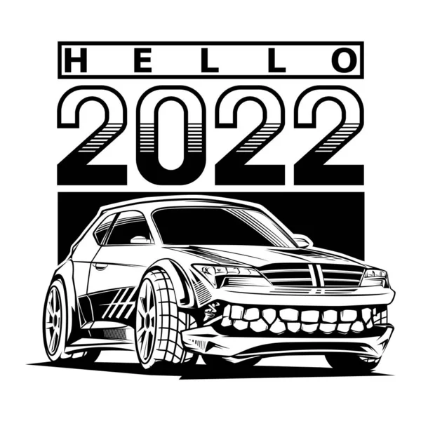 テキスト Hello 2022 で都市の車のイラスト Tシャツのプリントに最適で ステッカーにもご利用いただけます — ストックベクタ