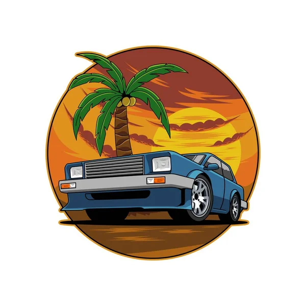 Illustration Blue Sedan Car Sunset Vibes Perfect Shirt Sticker Fit — ストックベクタ