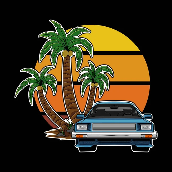 Illustration Blue Sedan Car Sunset Vibes Perfect Shirt Sticker Fit — стоковый вектор