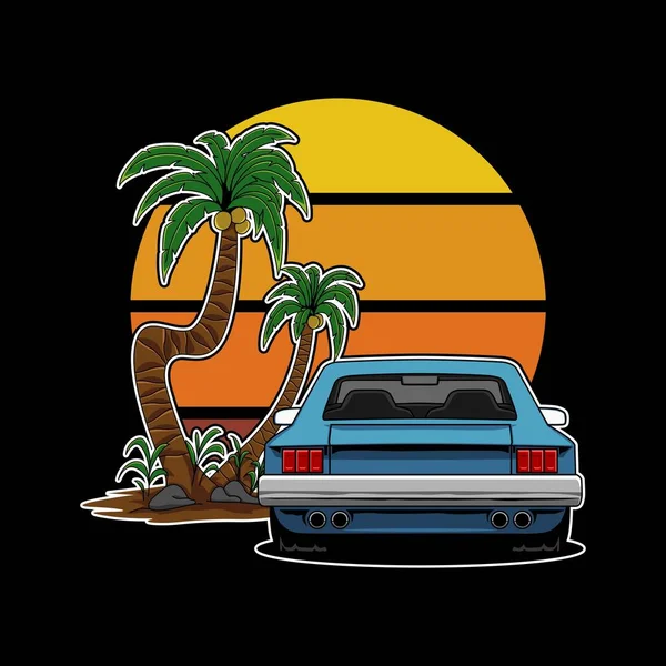 Illustration Blue Sedan Car Sunset Vibes Perfect Shirt Sticker Fit — Vetor de Stock
