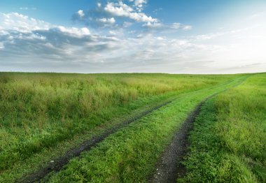 yol yeşil çim alanlar ve mavi gökyüzü bulutlu, n