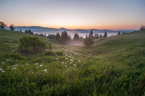 Prachtig Uitzicht Met Hoog Bergdorp Aan Horizon Mist Zomer Landschap — Stockfoto