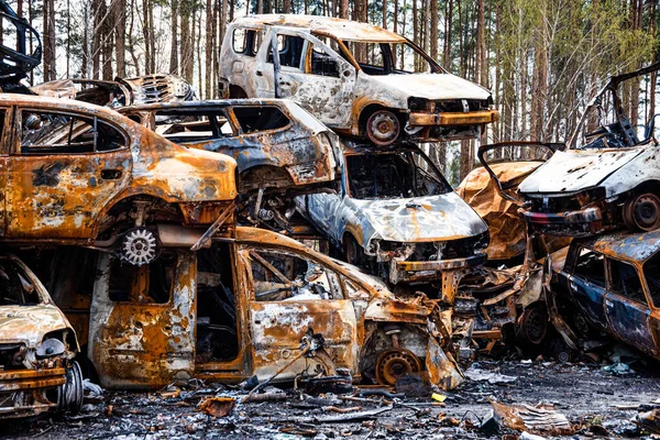 Irpin Kyiv Region Ukraine 2022 Car Graveyard Shot Cars Civilians — Stock Photo, Image