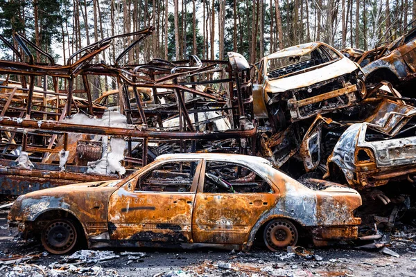 Irpin Kijev Régió Ukrajna 2022 Autós Temető Lőtt Autók Civilek — Stock Fotó