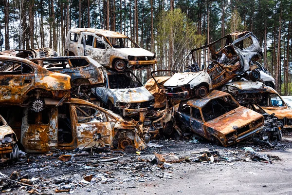 Irpin Kyiv Region Ukraine 2022 Car Graveyard Shot Cars Civilians — Stock Photo, Image