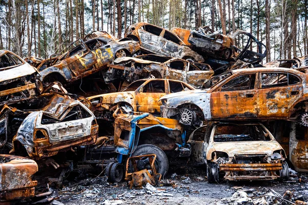 Irpin Kijev Régió Ukrajna 2022 Autós Temető Lőtt Autók Civilek — Stock Fotó
