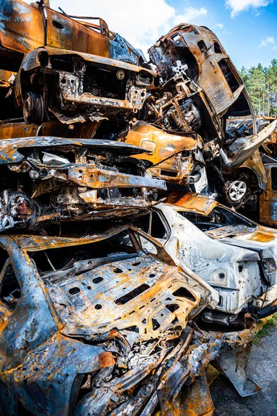 Irpin Kyiv Region Ukraine 2022 Car Graveyard Shot Cars Civilians — Stock Photo, Image