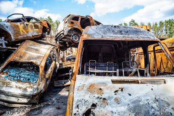 Irpin Kyiv Region Ukraine 2022 Car Graveyard Shot Cars Civilians — ストック写真