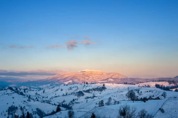 Zimowy Krajobraz Górami Horyzoncie Jodły Pokryte Śniegiem Piękny Zimowy Krajobraz — Zdjęcie stockowe