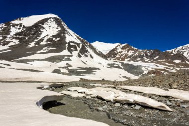 Karlı dağ zirvelerinin güzel manzarası uzak yabanda bir buzulun kenarında Zanskar 'daki Shingo La' nın yüksek rakımlı geçidine doğru yol alıyor..