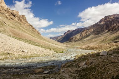The Zanskar river flows through the high Himalayan mountains on a trekking route in Ladakh in north India.