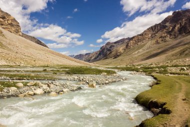 Zanskar nehri Himalayalar 'ın yüksek dağlarındaki çimenli çayırlar boyunca akar. Kuzey Hindistan' da Ladakh 'ta bir yürüyüş rotasında..
