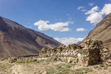 Tibet Budist manikür taşlarından oluşan uzun bir duvar Hint Himalayaları 'nın Ladakh bölgesindeki Zanskar bölgesinde bir köye giden bir yürüyüş yolunda..