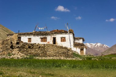 Zanskar, Hindistan - Temmuz 2012: Ladakh 'taki Zanskar Vadisi' nin dağlarındaki Kargiak köyündeki yeşil tarlalarda eski ve geleneksel bir beyaz taş ev.