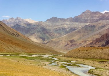 The Zanskar river flows through the high Himalayan mountains on a trekking route in Ladakh in north India.