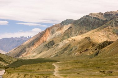 A trekking trail passing through the wilderness of the barren mountains of the cold desert region of Zanskar in Ladakh in the Indian Himalayas.