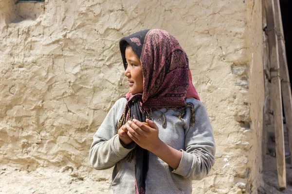 Zanskar, Hindistan - Temmuz 2012: Zanskar 'da bir köyde kır çamurlu evinin önünde duran genç bir Hintli kızın samimi portresi.