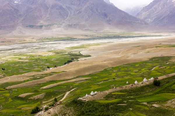 Aerial View Green Fields Epic Landscape Village Zanskar Valley Set — Stockfoto