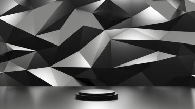 3D geometric wall background podium with contemporary black texture, dark 3d rendering.