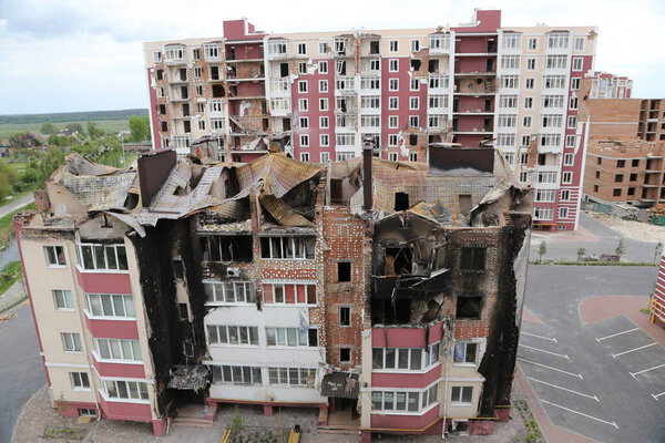 Kiev, Gostomel Ukraine - May 14 2022. Consequences of the destruction by the Russian army in Ukraine. The consequences of the bombing of Ukrainian cities by the Russian army. War in Ukraine