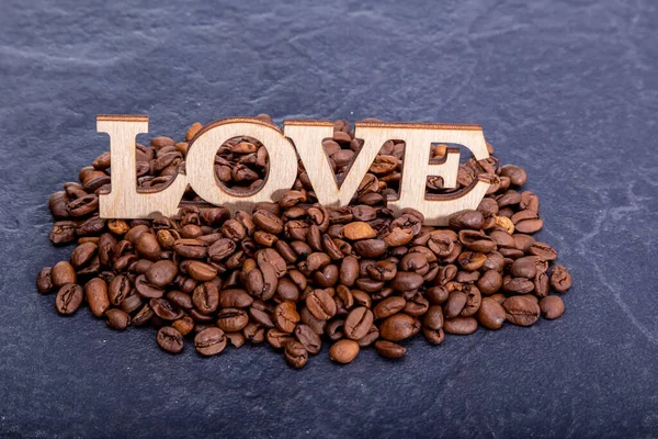 Primer Plano Granos Café Forma Corazón Amor Inscripción —  Fotos de Stock
