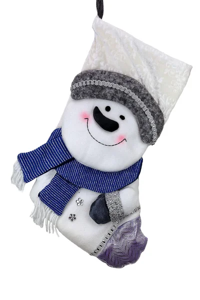 Christmas sock with snowman with blue scarf isolated on white background — Stock Photo, Image