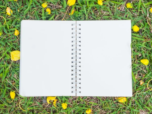 Cuaderno de color crema sobre hierba verde con flor amarilla — Foto de Stock