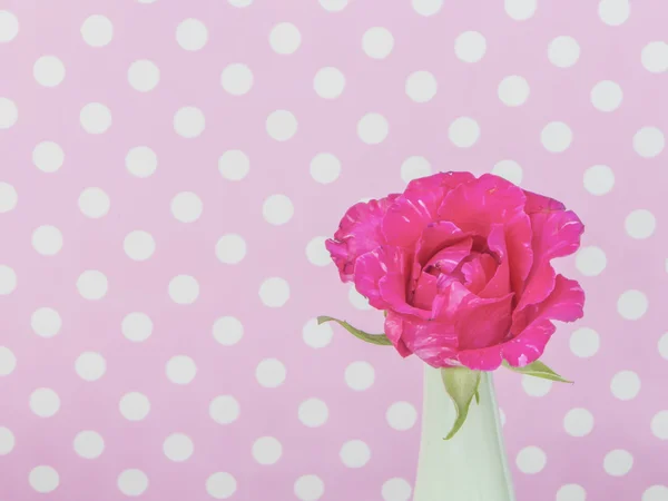 Роза в зеленой вазе на фоне розовой польки — стоковое фото