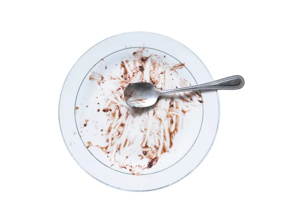 Eaten Chocolate Sauce White Plate Isolated White Background 스톡 사진