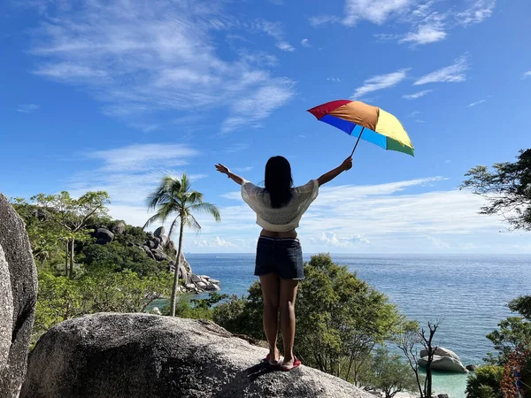 Asian Tourist Woman Holding Colorful Umbrella Standing Big Rock View — Foto de Stock