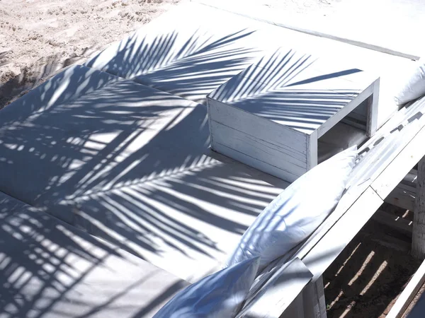 Close Shadow Palm Leaves Pattern Sunbath Bed Summer Beach — Stockfoto