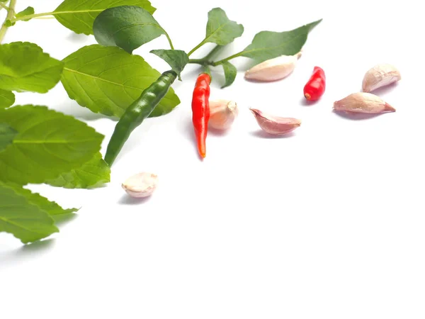 Close Red Chilli Green Basil Leaves Pieces Garlic White Background — Stock fotografie