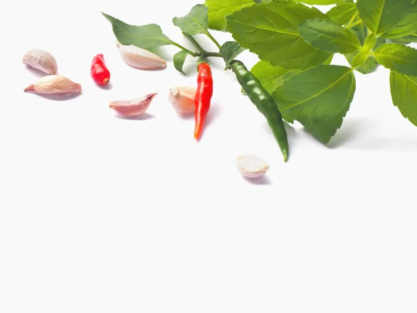 Close Red Chilli Green Basil Leaves Pieces Garlic White Background — Stock fotografie