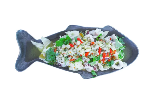 Top View Spicy Squid Salad Fish Metal Plate Shape Isolated — Stock Photo, Image