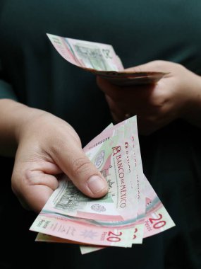 Elinde 20 pezoluk Meksika banknotları tutan bir kadın.